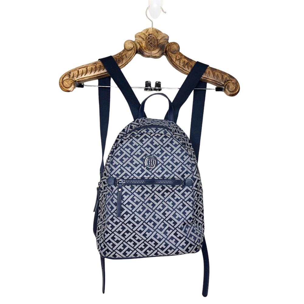 Tommy Hilfiger Mini Backpack Blue White Allover Logo Zip Pocket